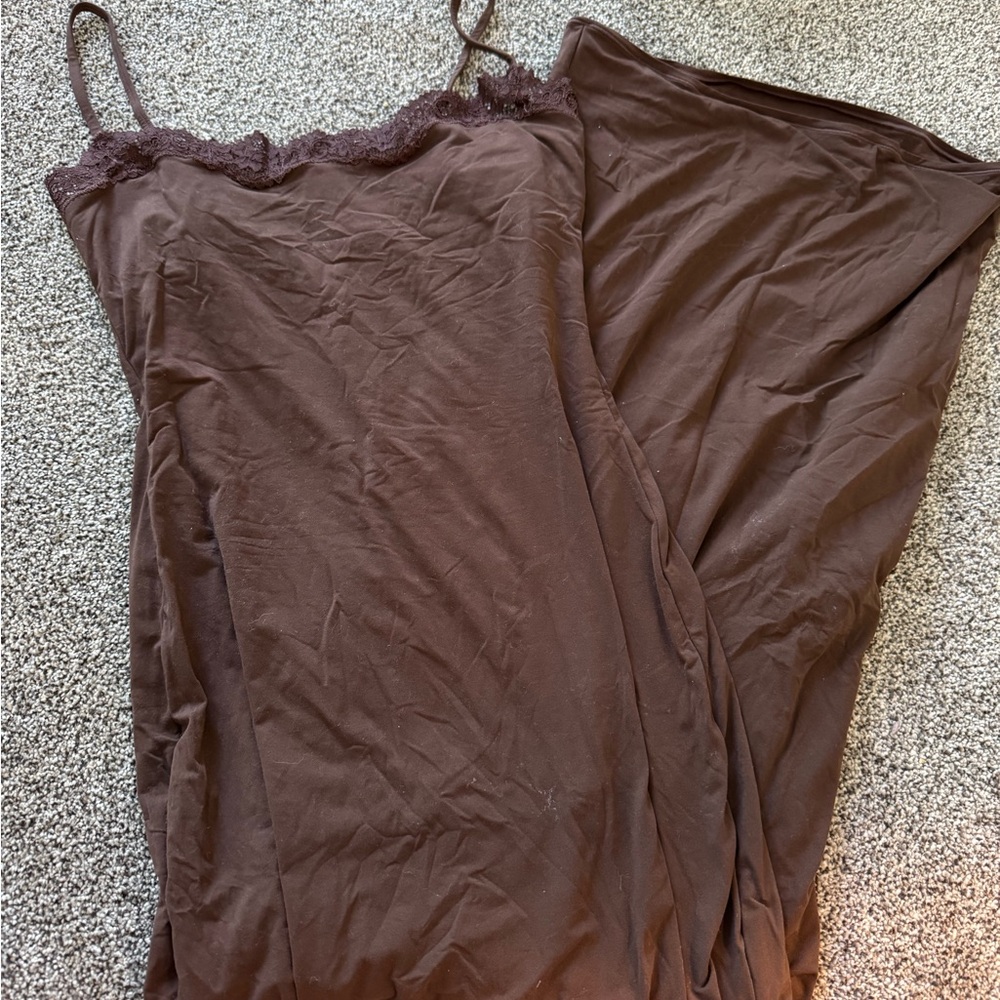 SKIMS Chocolate Lace-Trimmed Slip Dress